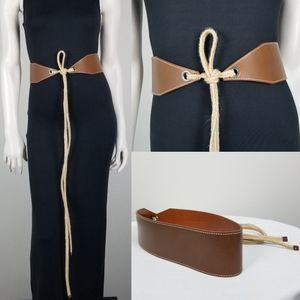 Lafayette 148 Brown Leather Bohemian Luxury Jute Tie Obi Wide Waist Belt Size M